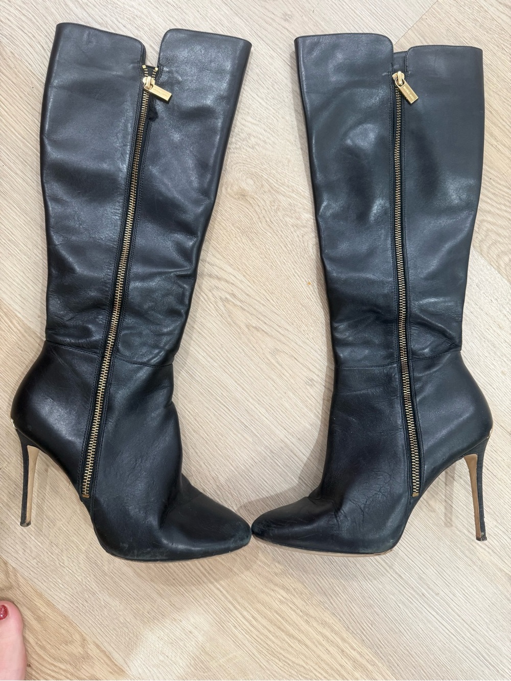 Michael Kors Black Leather Knee-High Stiletto Boots with Gold Zipper